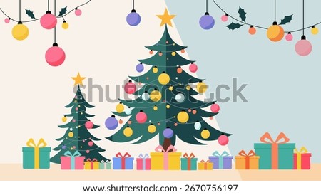 Flat design illustration of decorated Christmas trees with glowing ornaments, festive lights, and gift boxes. Perfect for holiday greetings, seasonal banners, winter celebrations, and background.