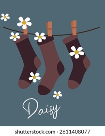 Flat Design Illustration with Decoration Three Socks and Daisy Background