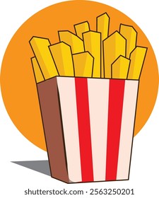 Flat design illustration of delicious french fries in a red-white stripes paper container