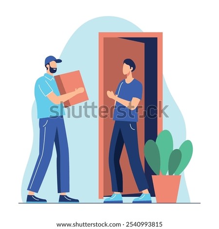 Flat Design Illustration of Delivery Service, Courier Handing Package to Customer at Doorstep. Vector Art Depicting Online Shopping, Fast Shipping, and Home Delivery. Ideal for E-commerce, Logistics, 