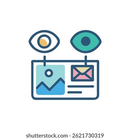 Flat design illustration depicting data analytics with monitoring eyes focused on website data and metrics displayed on the screen. Focused observation style.
