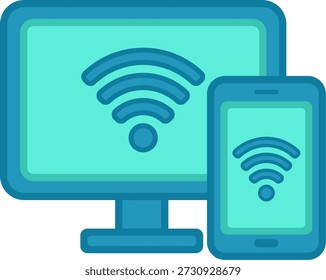 Una ilustración de diseño plano que representa un monitor de escritorio y un teléfono inteligente, ambos mostrando un icono de señal inalámbrica prominente, que simboliza la conectividad a Internet y el acceso a la red a través de múltiples dispositivos.