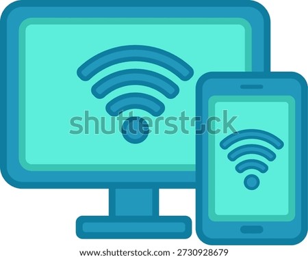 A flat design illustration depicting a desktop monitor and a smartphone, both displaying a prominent wireless signal icon, symbolizing internet connectivity and network access across multiple devices.