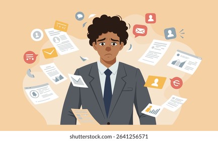 Flat design illustration depicting an individual with work-related stress, information overload, and excessive paperwork. Ideal for themes of mental health, stress management, and worklife balance