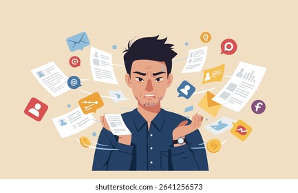 Flat design illustration depicting an individual with work-related stress, information overload, and excessive paperwork. Ideal for themes of mental health, stress management, and worklife balance