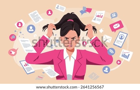 Flat design illustration depicting an individual with work-related stress, information overload, and excessive paperwork. Ideal for themes of mental health, stress management, and worklife balance