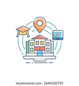 Ilustração de design plano que representa a educação on-line, com uma universidade, um pino de localização e uma tela de computador, conectada por linhas virtuais. Um conceito para o ensino à distância.