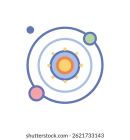 Flat design illustration depicting a solar system model with planets orbiting a central star. Clean lines, pastel colors, and minimalist style.