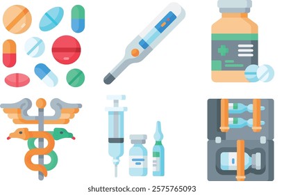 A flat design illustration depicting various medical supplies and tools