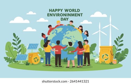 Flat design illustration depicting World Environment Day, from planting and cleaning, recycling. Perfect for environmental campaigns, educational materials, and CSR initiatives