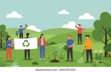 Flat design illustration depicting World Environment Day, from planting and cleaning, recycling. Perfect for environmental campaigns, educational materials, and CSR initiatives