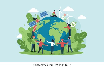 Flat design illustration depicting World Environment Day, from planting and cleaning, recycling. Perfect for environmental campaigns, educational materials, and CSR initiatives