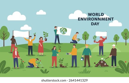 Flat design illustration depicting World Environment Day, from planting and cleaning, recycling. Perfect for environmental campaigns, educational materials, and CSR initiatives