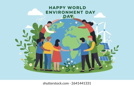 Flat design illustration depicting World Environment Day, from planting and cleaning, recycling. Perfect for environmental campaigns, educational materials, and CSR initiatives