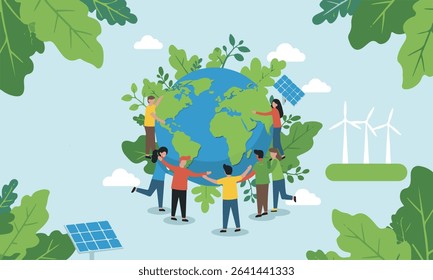 Flat design illustration depicting World Environment Day, from planting and cleaning, recycling. Perfect for environmental campaigns, educational materials, and CSR initiatives