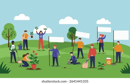 Flat design illustration depicting World Environment Day, from planting and cleaning, recycling. Perfect for environmental campaigns, educational materials, and CSR initiatives