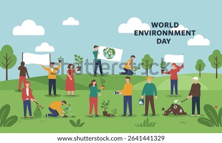 Flat design illustration depicting World Environment Day, from planting and cleaning, recycling. Perfect for environmental campaigns, educational materials, and CSR initiatives