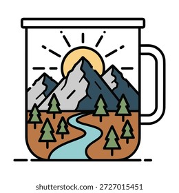 Una ilustración de diseño plano representa una taza de camping llena de un paisaje de montaña vibrante. La escena incluye picos nevados, árboles de hoja perenne, un río azul sinuoso y un sol amarillo brillante con líneas radiantes. La taza en sí tiene un mango y está delineada en negro.