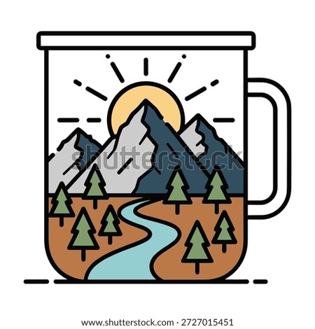 A flat design illustration depicts a camping mug filled with a vibrant mountain landscape. The scene includes snow-capped peaks, evergreen trees, a winding blue river, and a bright yellow sun with radiating lines. The mug itself has a handle and is outlined in black.