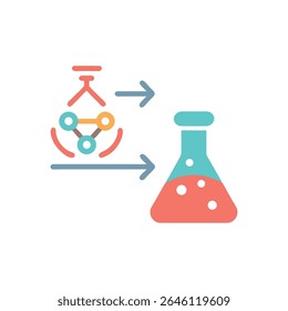 Uma ilustração de design plano representa um processo químico que transforma substâncias entre copos em um ambiente de laboratório. Isolado no fundo branco.