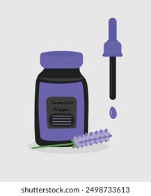 Ilustración de diseño plano con cuentagotas dermáticos en lavanda