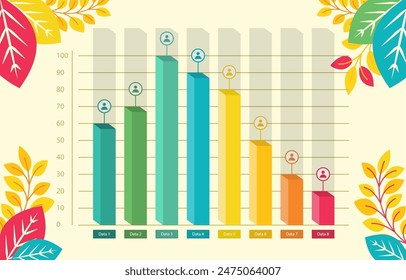 Flaches Design Illustration von absteigendem Balkendiagramm für Geschäftsberichtsdaten mit Blattdekoration