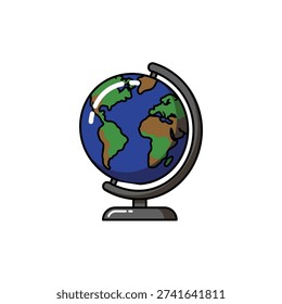 A flat design illustration of a desk globe on a stand featuring bold black outlines and simple organic geometry