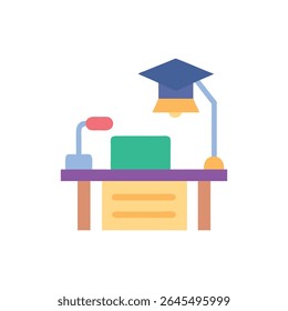 A flat design illustration of a desk setup, topped with graduation cap. Light pastel color palette.