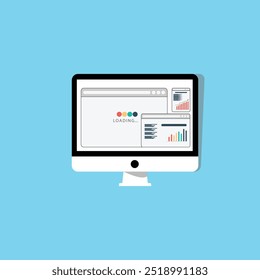 A flat design illustration of a desktop computer screen displaying various web elements. The screen shows a loading message in the center and multiple windows with charts and graphs