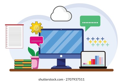 uma ilustração de design plano de um desktop com várias engrenagens exibidas no vetor de tela