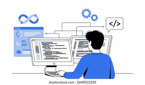 Flat Design Illustration of Developer at Desk with Dual Monitors and Abstract Coding Icons