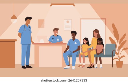 Flat design illustration of different families and children interacting with doctors and nurses in a clinic or hospital waiting room, suitable for children's health brochures, educational materials
