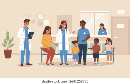 Flat design illustration of different families and children interacting with doctors and nurses in a clinic or hospital waiting room, suitable for children's health brochures, educational materials