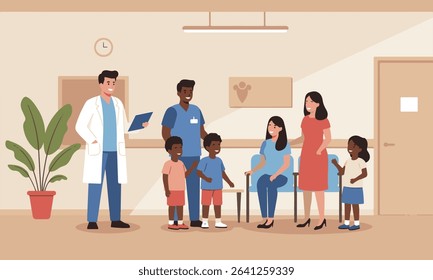 Flat design illustration of different families and children interacting with doctors and nurses in a clinic or hospital waiting room, suitable for children's health brochures, educational materials