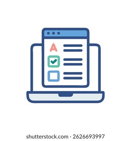 Flat design illustration of a digital exam displayed on a laptop screen, checkbox selected. The composition is minimal and clean.