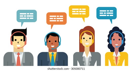 Flat design illustration of diverse business people, man and woman with headset in call center service concept. 