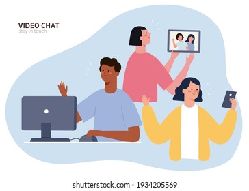 Flat design illustration of diverse group of friends having video chat from different devices