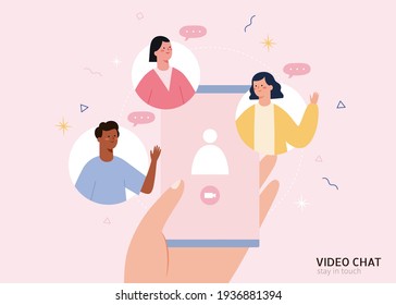 Flat design illustration of diverse group of friends having a video chat on smartphone