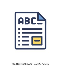 Ilustração de design plano de um documento com linhas, uma imagem e texto ABC. Estilo de ícone moderno simples.