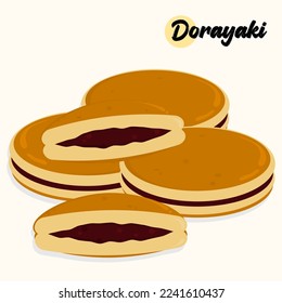 	
Ilustración de diseño plano de dorayaki o panqueque japonés con relleno de frijol rojo. Comida asiática tradicional aislada con fondo blanco