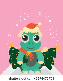 Flat Design illustration with a Dragon Wearing a Santa Hat, Christmas Tree