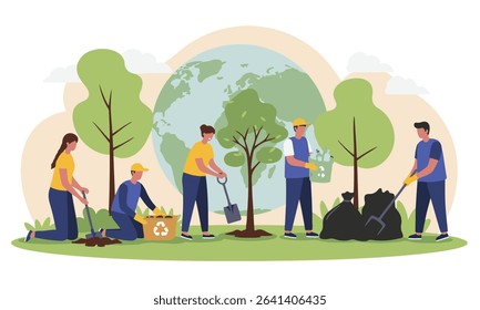 Flat design illustration of Earth Day and World Environment Day, tree planting, cleaning and recycling, Ideal for environmental campaigns, CSR reports and educational materials