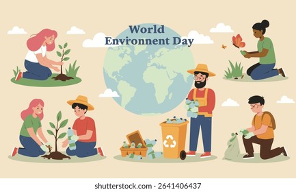 Flat design illustration of Earth Day and World Environment Day, tree planting, cleaning and recycling, Ideal for environmental campaigns, CSR reports and educational materials
