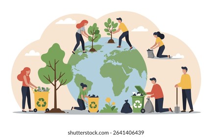 Flat design illustration of Earth Day and World Environment Day, tree planting, cleaning and recycling, Ideal for environmental campaigns, CSR reports and educational materials