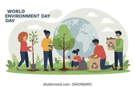 Flat design illustration of Earth Day and World Environment Day, tree planting, cleaning and recycling, Ideal for environmental campaigns, CSR reports and educational materials