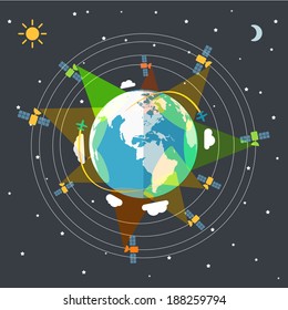 Flat design illustration of the Earth in space and satellites 