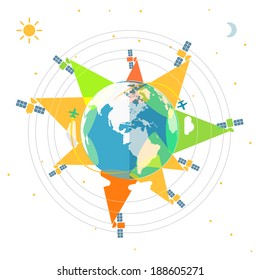 Flat design illustration of the Earth in space and satellites