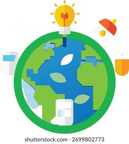 Flat design illustration of Earth with technology and lightbulb icons