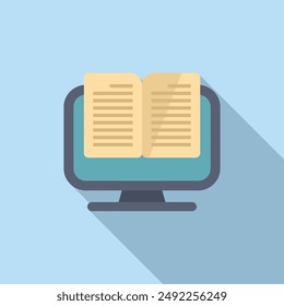 Flat design illustration of an ebook open on a desktop computer, depicting online reading