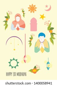 flat design illustration for eid mubarak celebration. Moslem man and women greeting and wishing vector.
